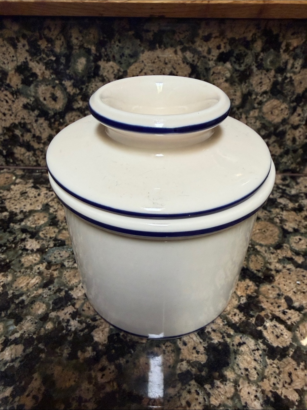 White Ceramic Crook Butter-bell with Navy Blue Trim